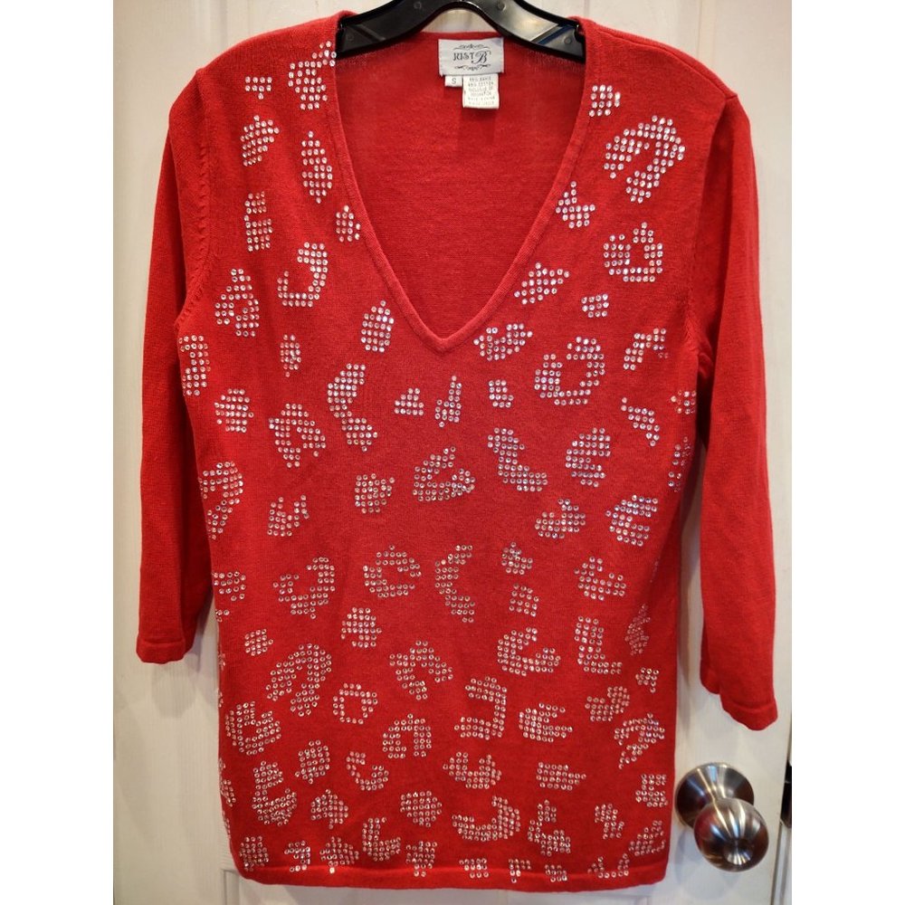 Just B Womens Top Small Red Rhinestones Embellished 3/4 Sleeves V Neck Ribbed